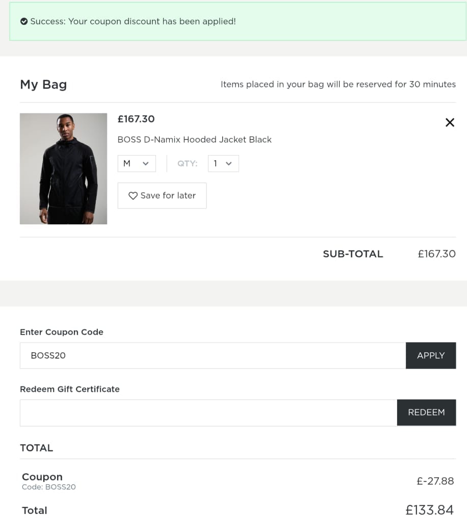 Screenshot of the Terraces discount code working