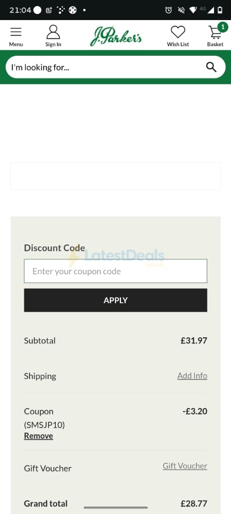 Screenshot of the J Parkers discount code working