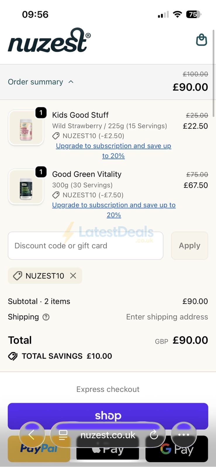 Screenshot of the Nuzest discount code working