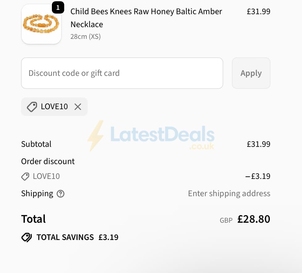 Screenshot of the Love Amber X discount code working