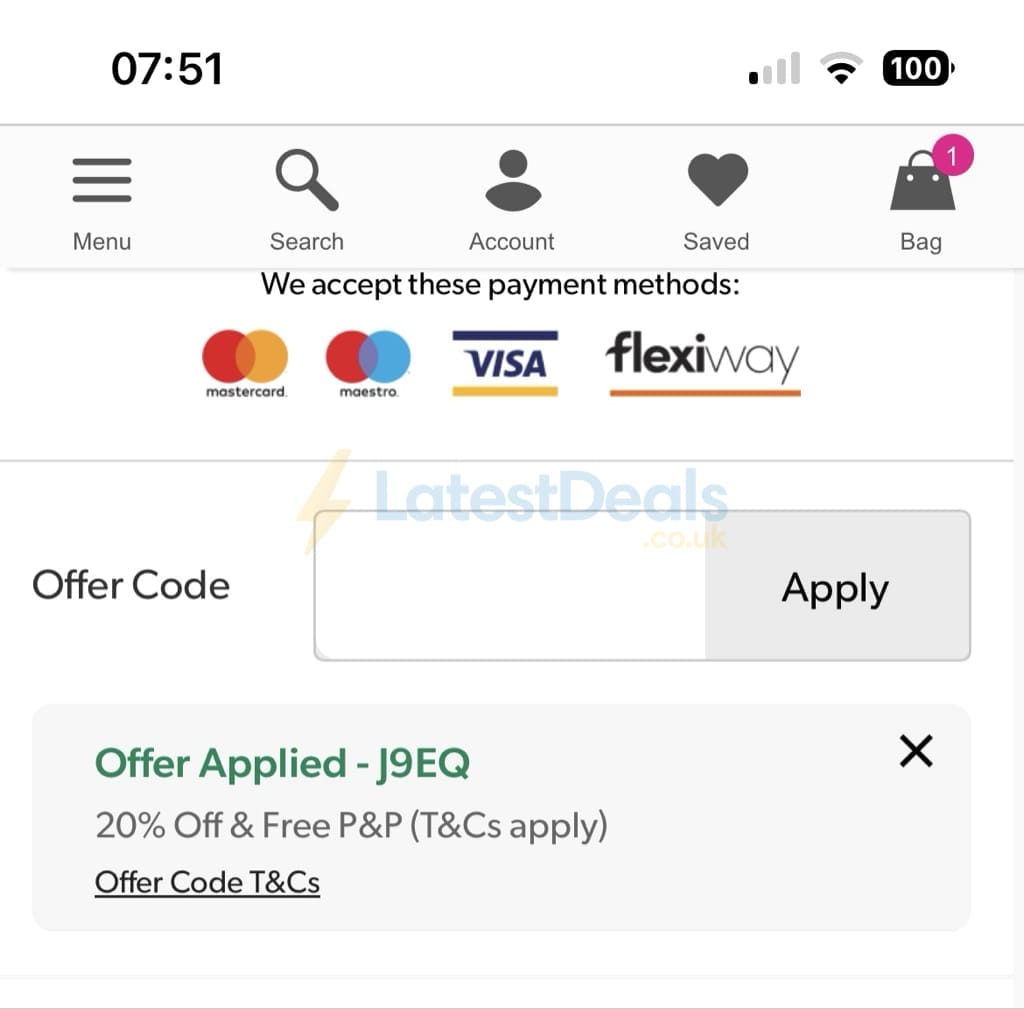 Screenshot of the Grattan discount code working