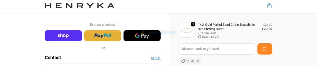 Screenshot of the Henryka discount code working