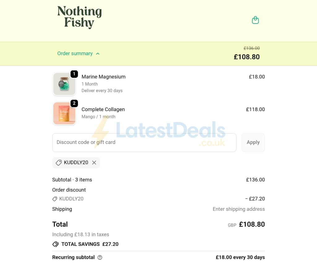 Screenshot of the Nothing Fishy discount code working