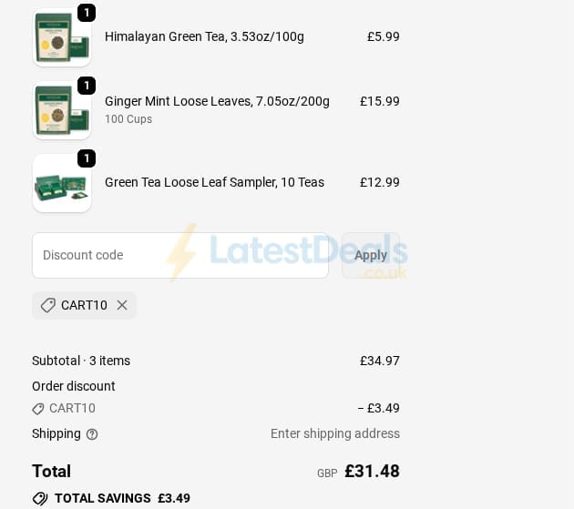 Screenshot of the Vahdam Teas discount code working