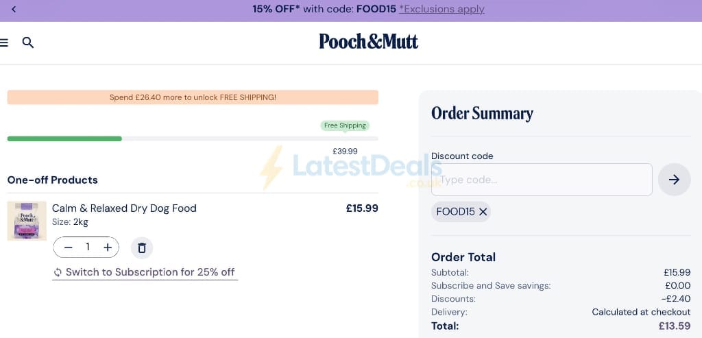 Screenshot of the Pooch & Mutt discount code working