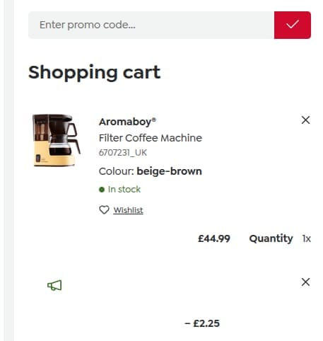 Screenshot of the Melitta UK discount code working