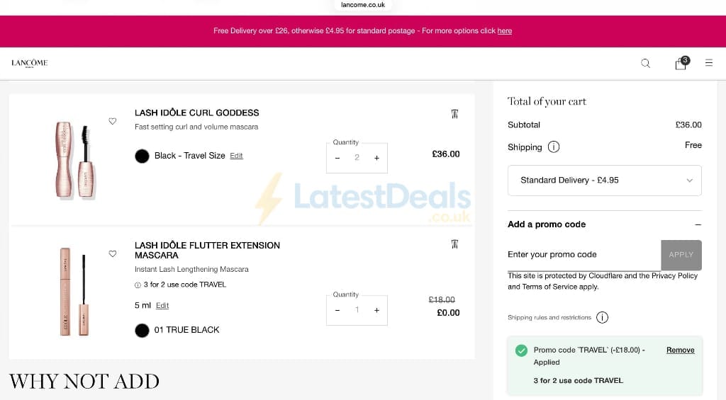 Screenshot of the Lancome discount code working