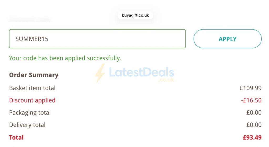 Screenshot of the Buyagift discount code working