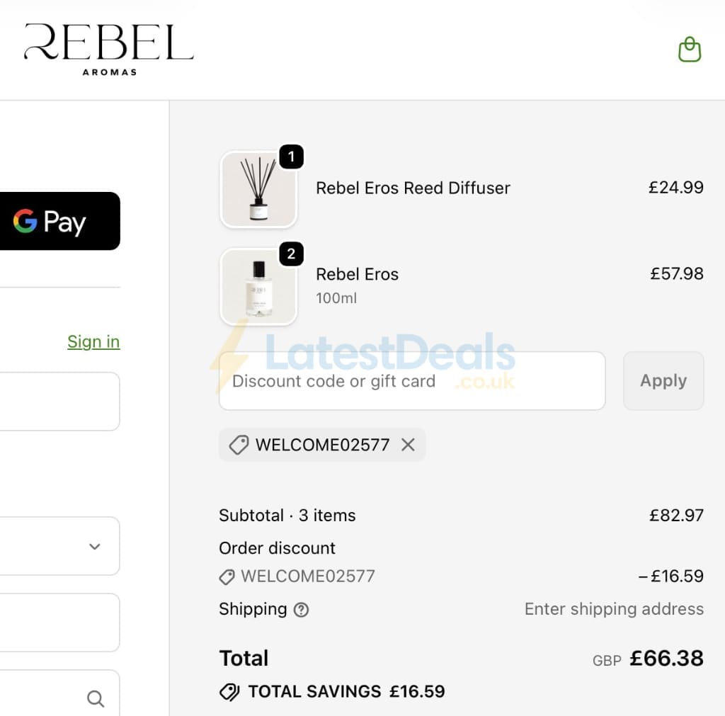 Screenshot of the Rebel Aromas discount code working