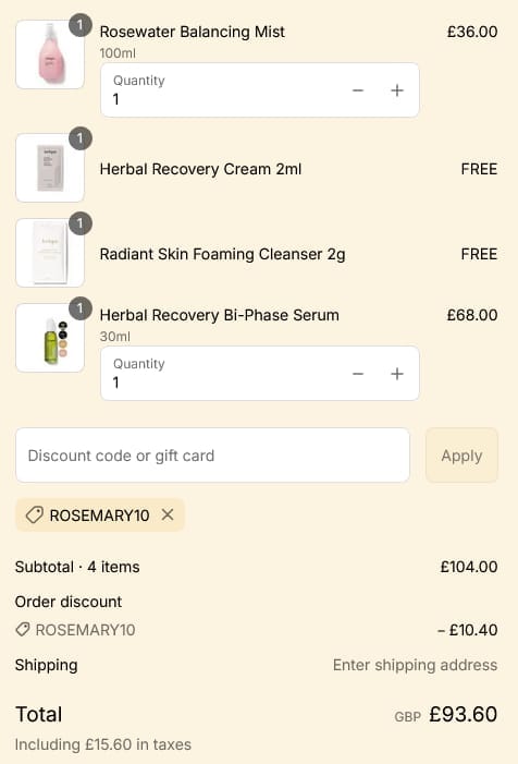 Screenshot of the Jurlique discount code working