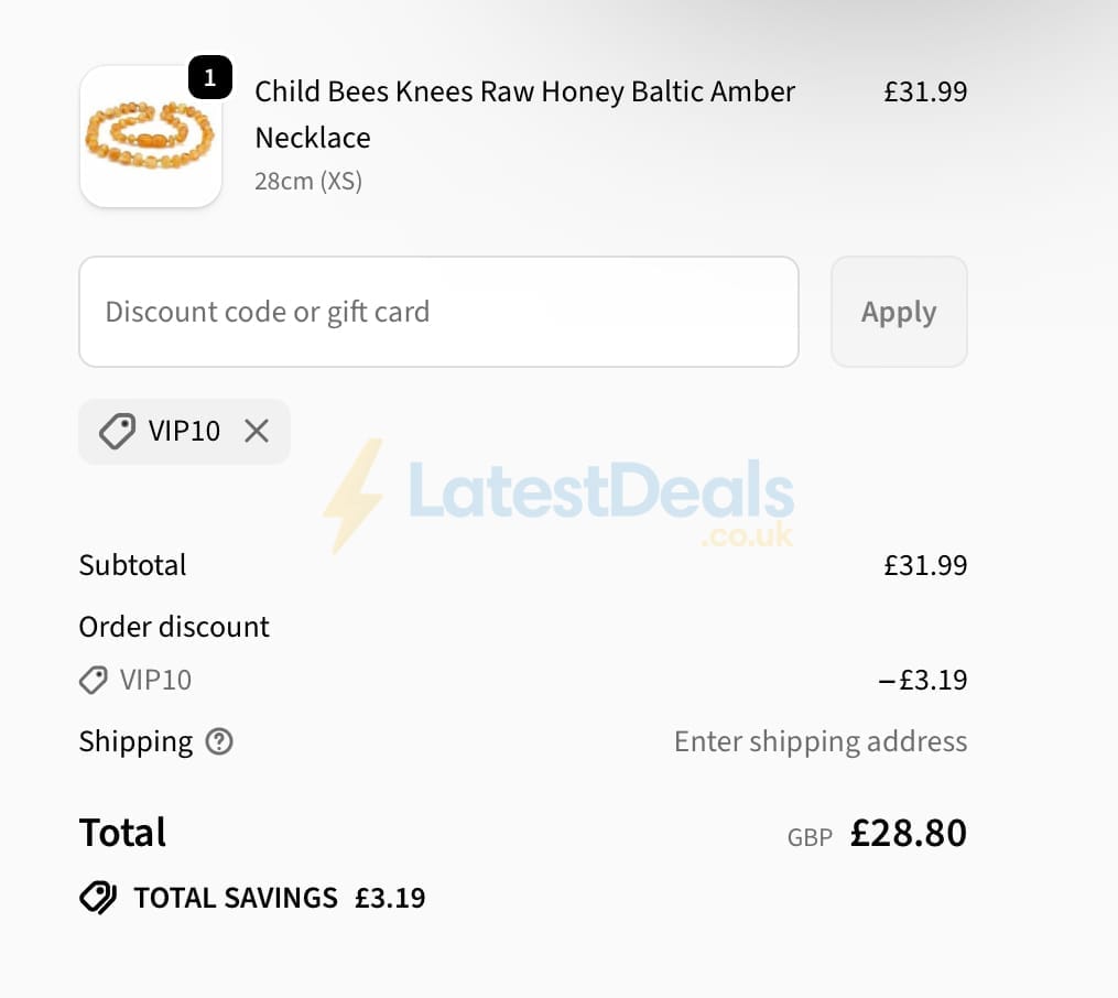 Screenshot of the Love Amber X discount code working