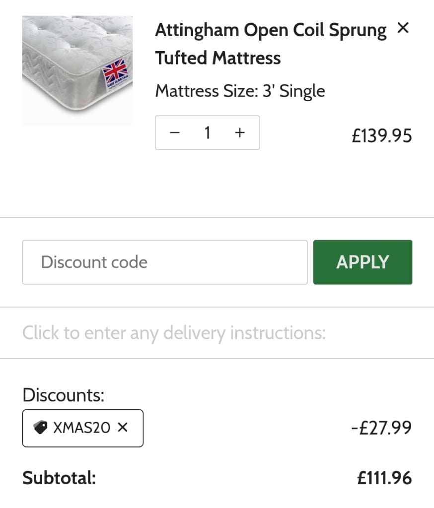 Screenshot of the The Bed Supermarket discount code working