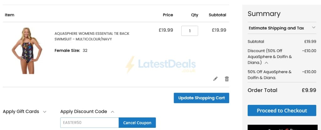 Screenshot of the ProSwimwear discount code working
