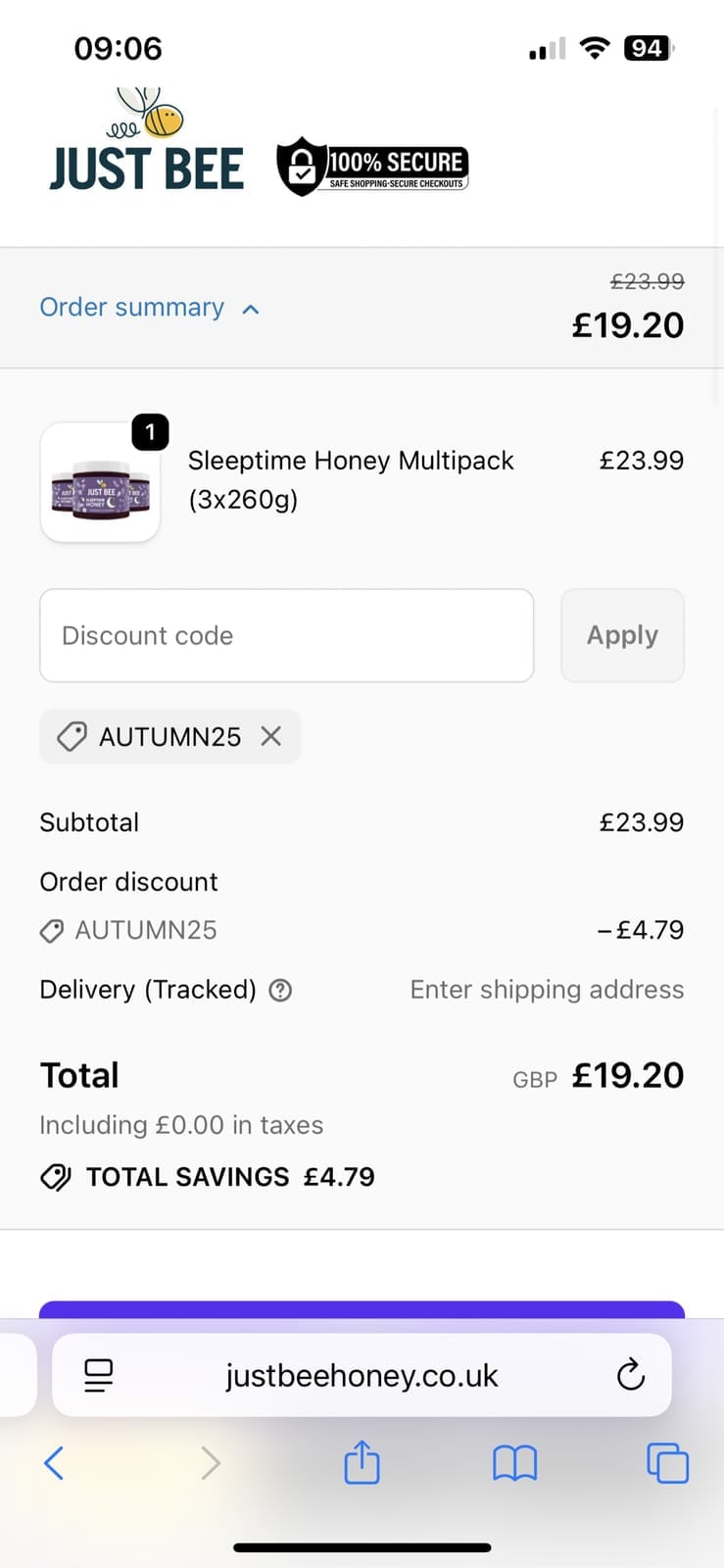 Screenshot of the Just Bee Honey discount code working