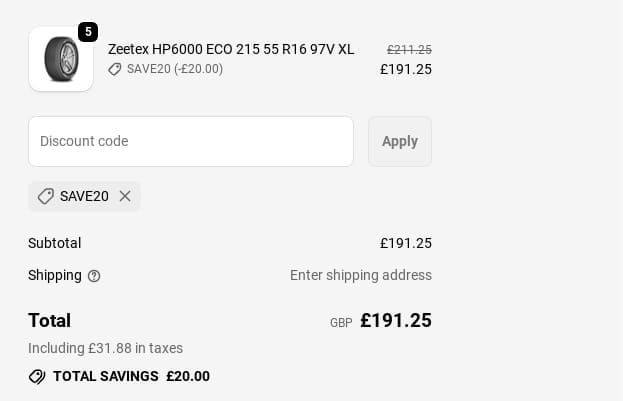 Screenshot of the Tire Streets discount code working