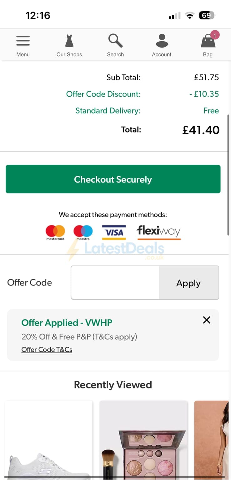 Screenshot of the Curvissa discount code working
