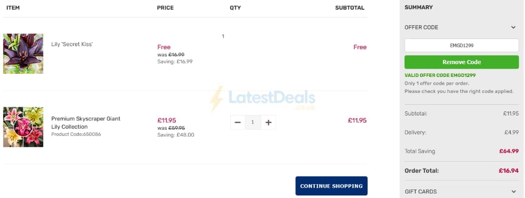 Screenshot of the Gardening Direct discount code working