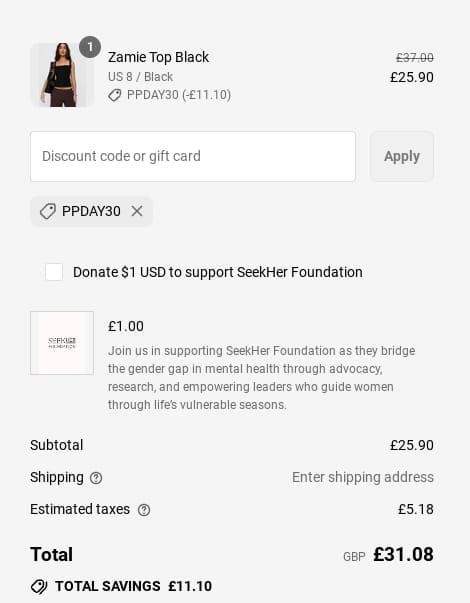 Screenshot of the Princess Polly discount code working