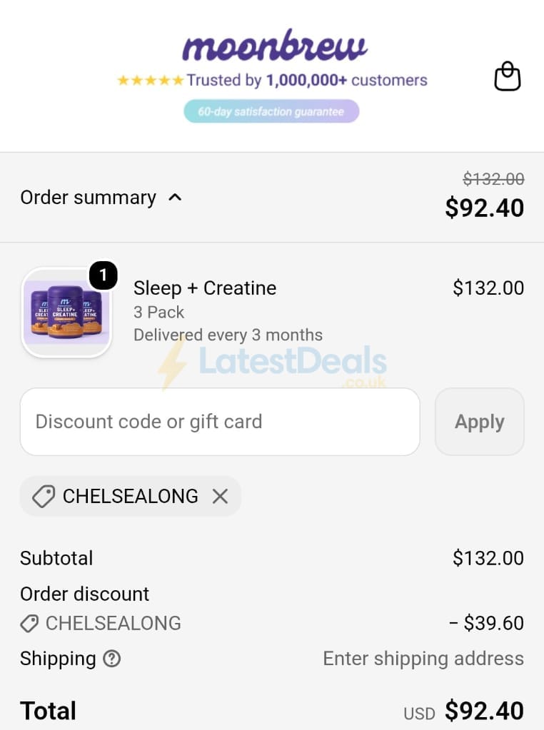 Screenshot of the MoonBrew discount code working