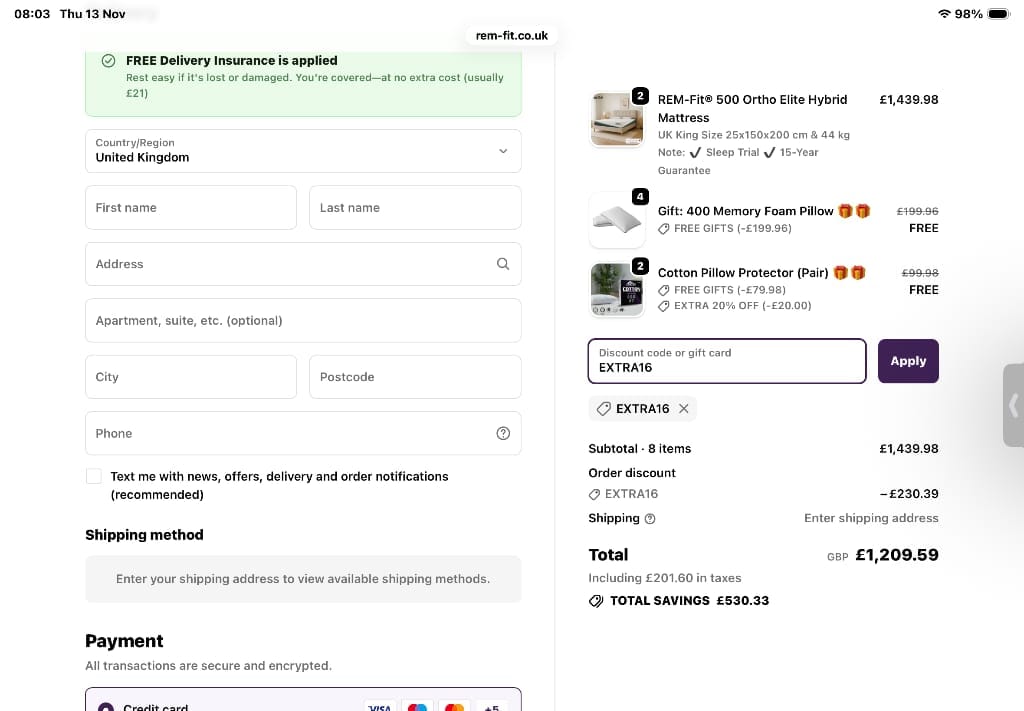 Screenshot of the Rem-fit discount code working
