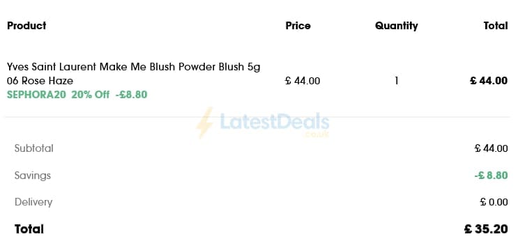 Screenshot of the Sephora discount code working