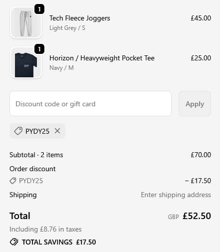 Screenshot of the High Hope discount code working
