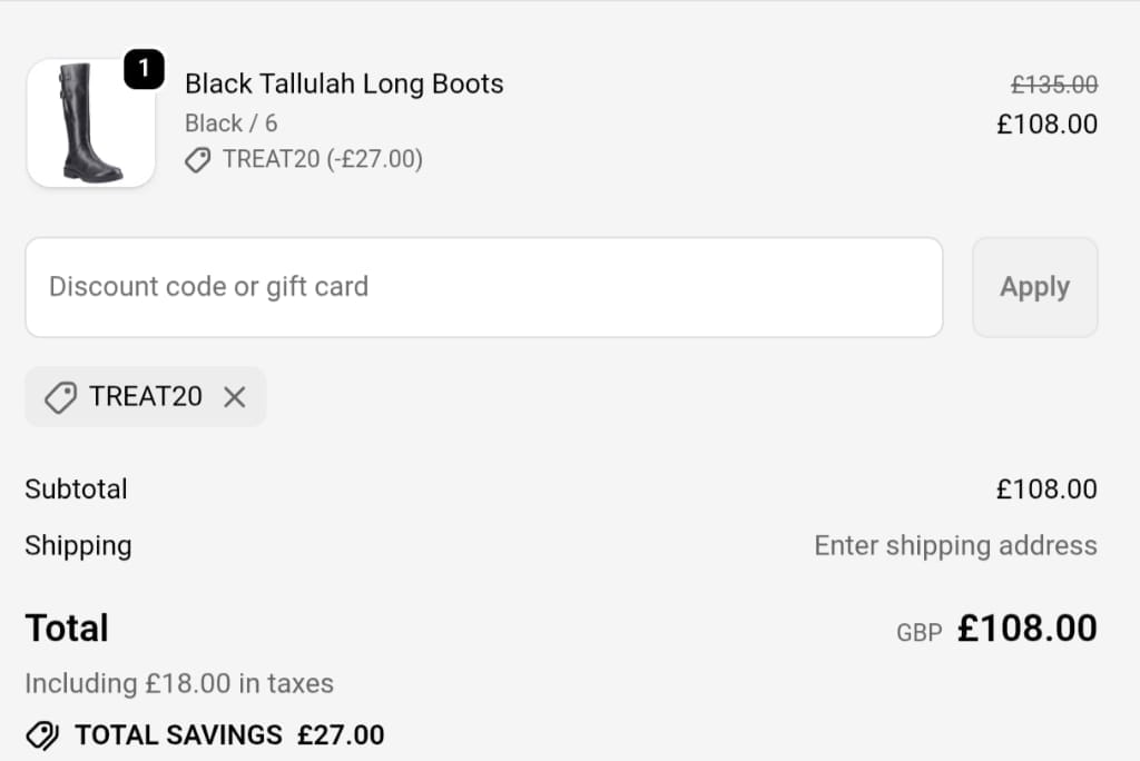 Screenshot of the Hush Puppies discount code working