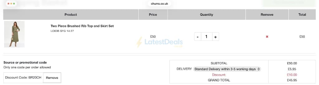 Screenshot of the Chums discount code working