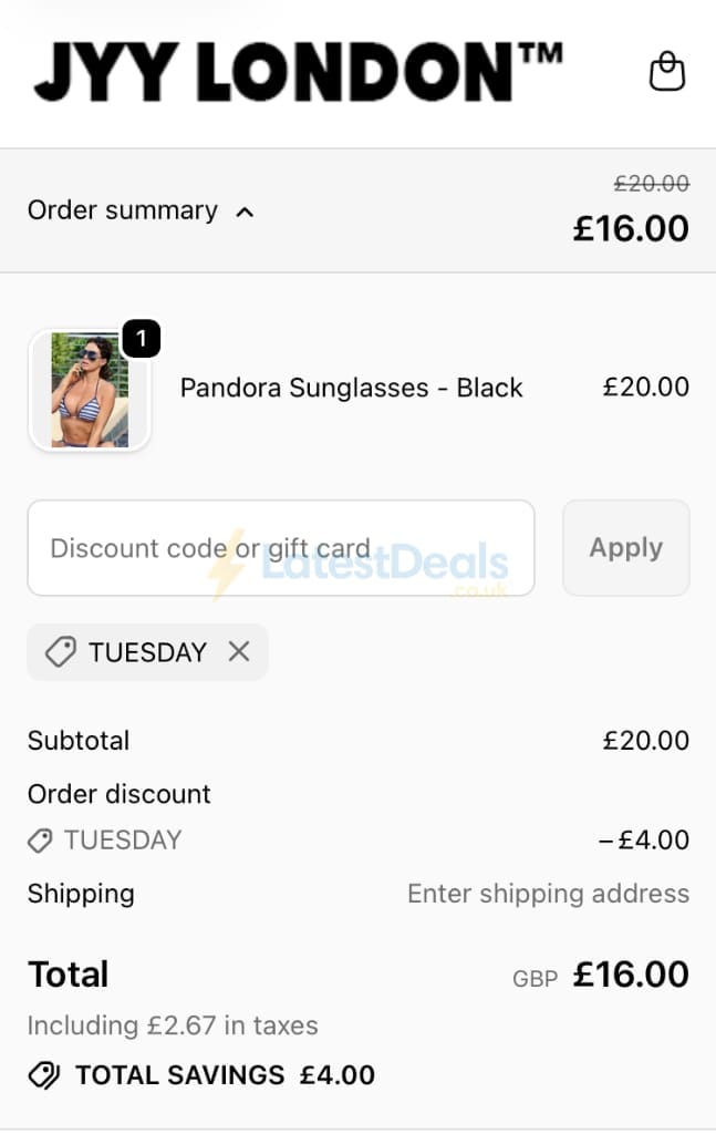 Screenshot of the JYY London discount code working