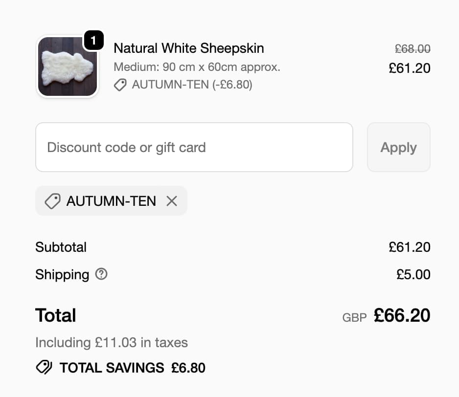 Screenshot of the The Wool Company discount code working