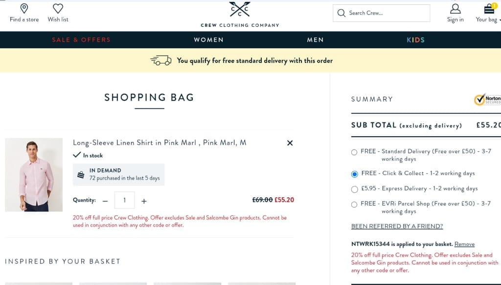 Screenshot of the Crew Clothing discount code working