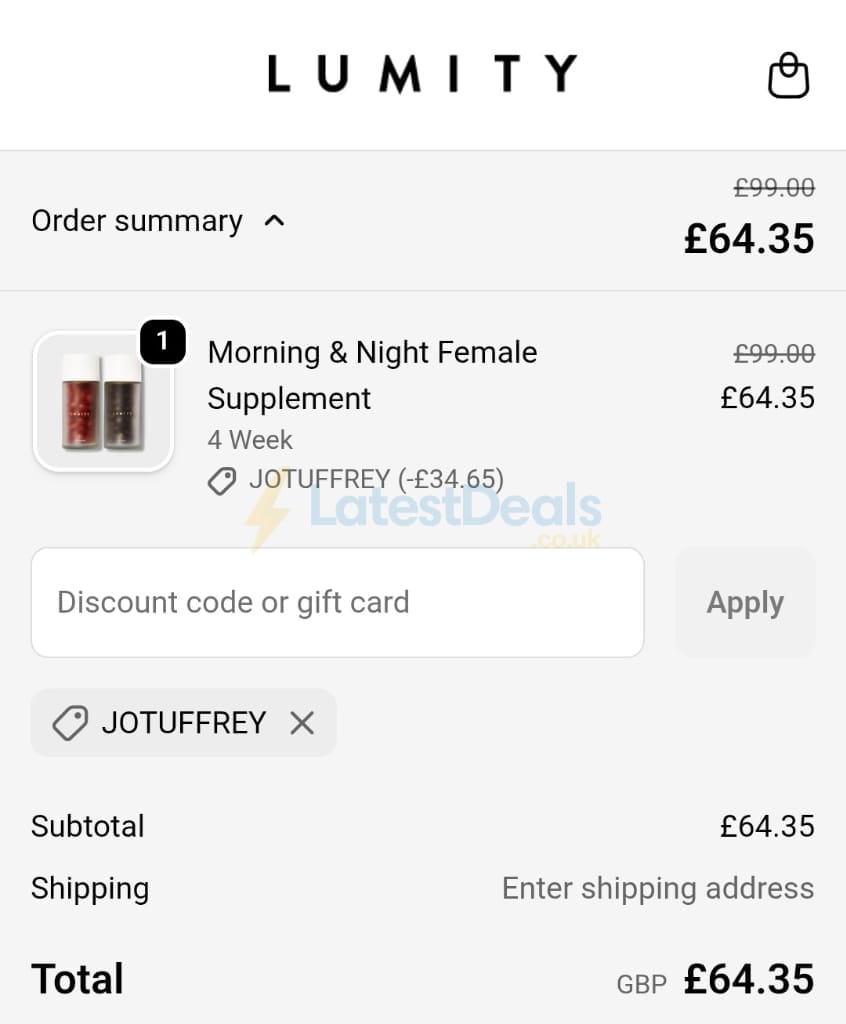 Screenshot of the Lumity discount code working