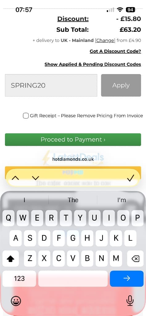 Screenshot of the Hot Diamonds discount code working
