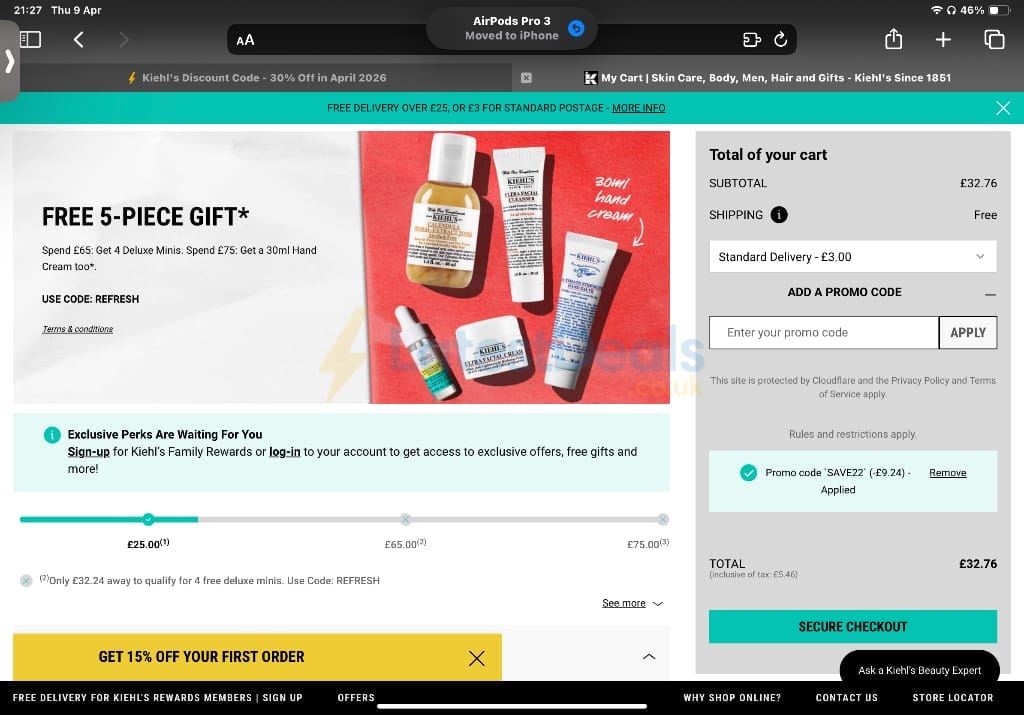 Screenshot of the Kiehl's discount code working