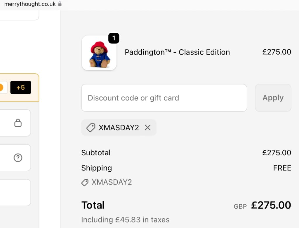 Screenshot of the Merrythought discount code working