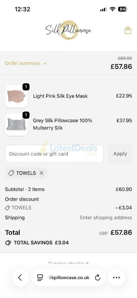 Screenshot of the Silk Pillowcase discount code working