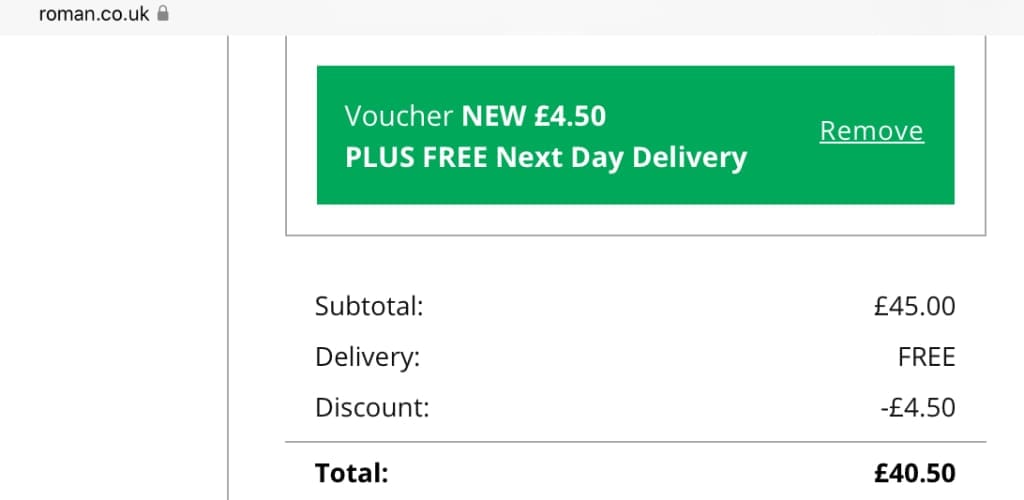 Screenshot of the Roman discount code working