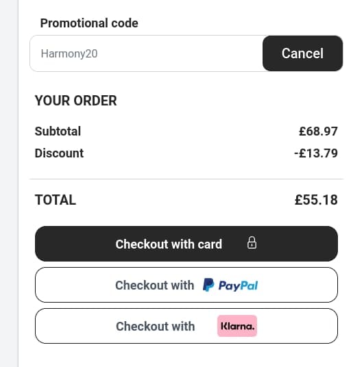 Screenshot of the Harmony discount code working
