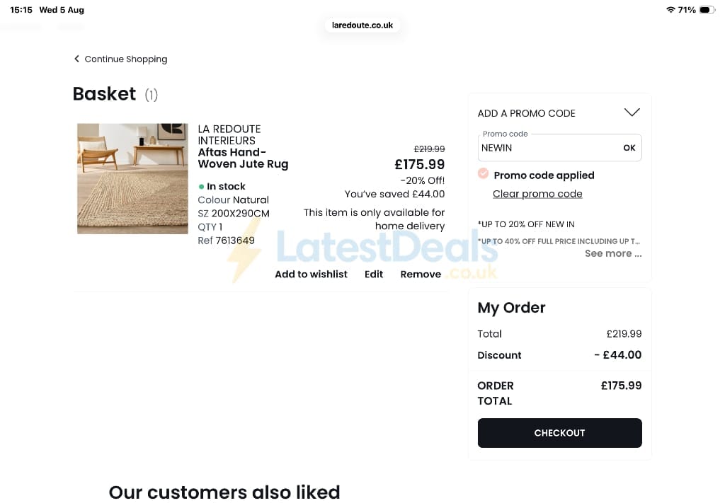 Screenshot of the La Redoute discount code working