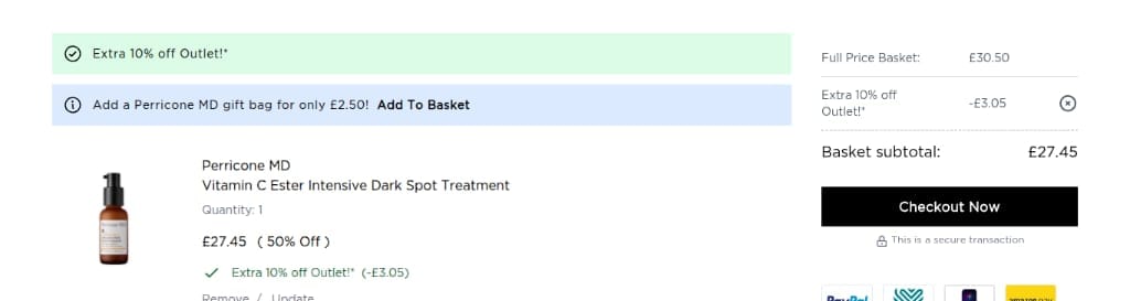 Screenshot of the Perricone MD discount code working