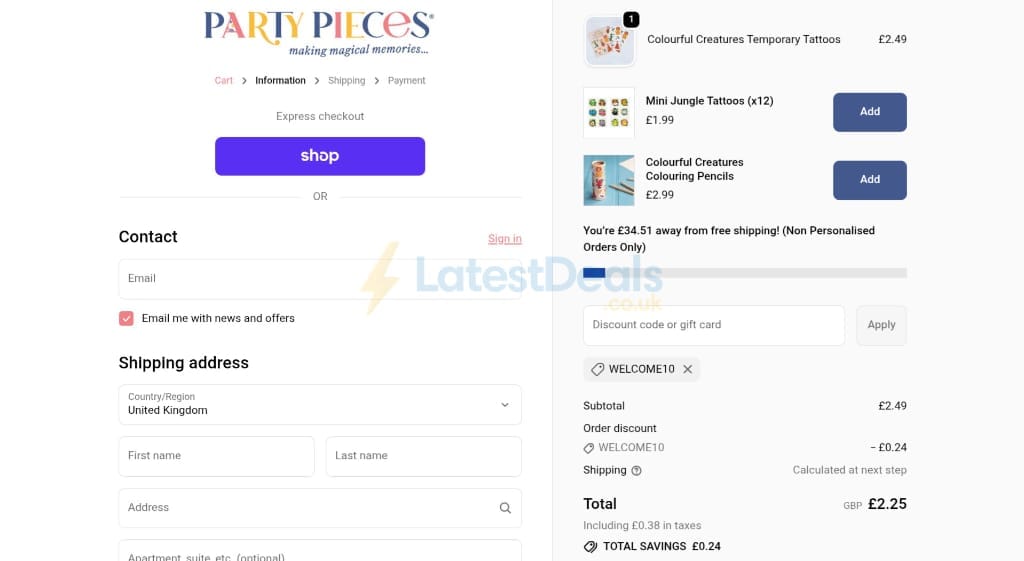 Screenshot of the Party Pieces discount code working