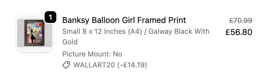 Screenshot of the Wall Art Direct discount code working
