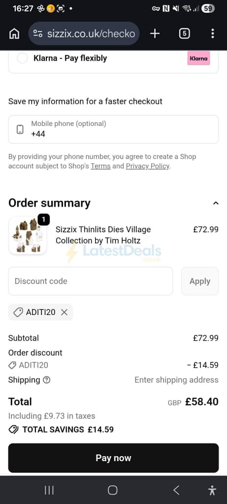 Screenshot of the Sizzix discount code working