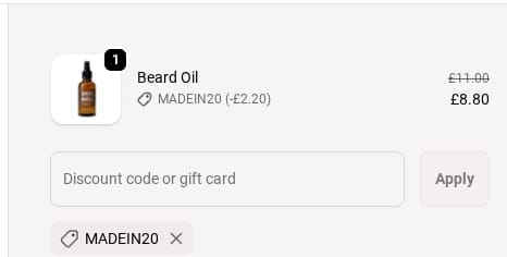 Screenshot of the Hawkins and Brimble discount code working