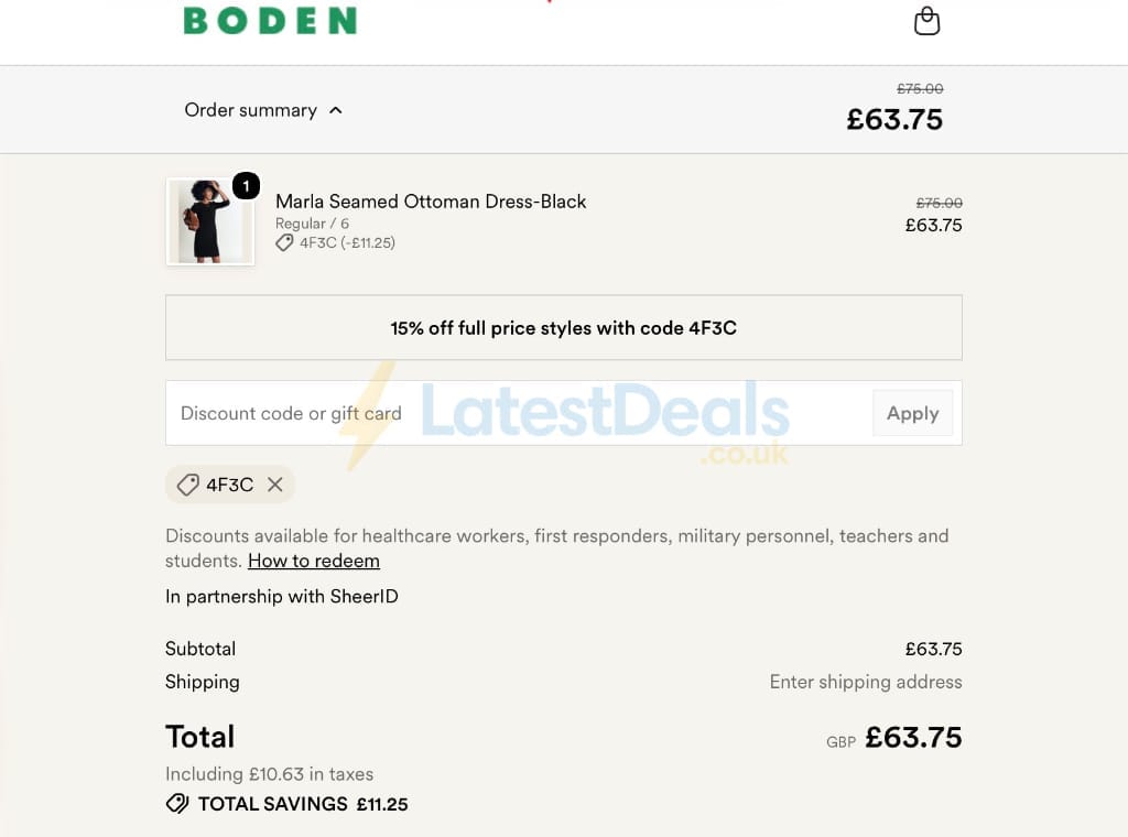 Screenshot of the BODEN discount code working
