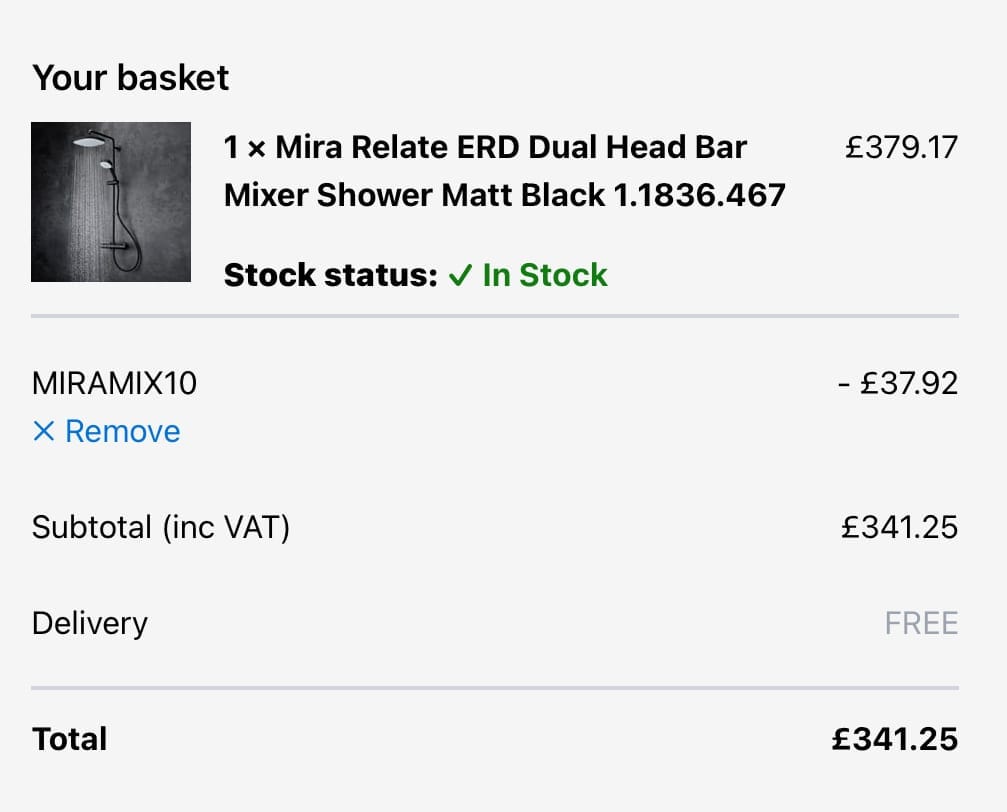Screenshot of the Plumbworld discount code working