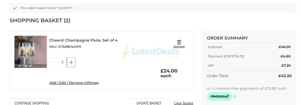 Screenshot of the Dartington Crystal discount code working