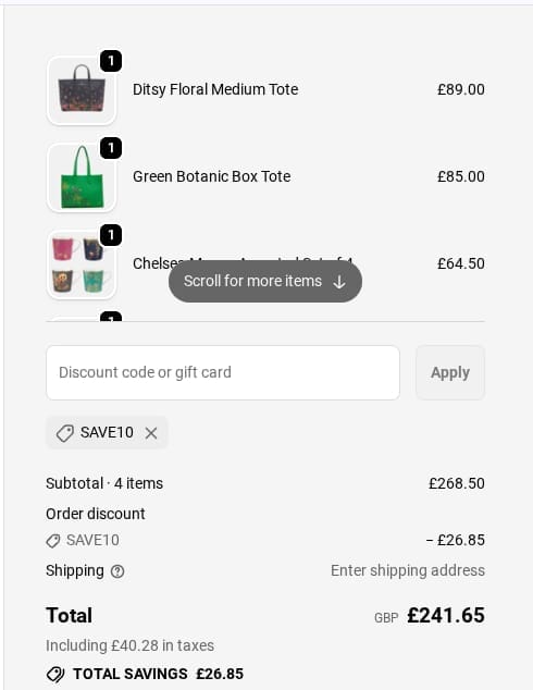 Screenshot of the Sara Miller discount code working