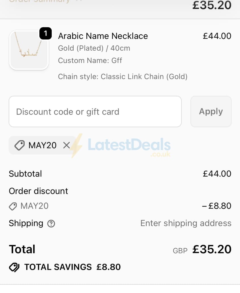 Screenshot of the Prya discount code working