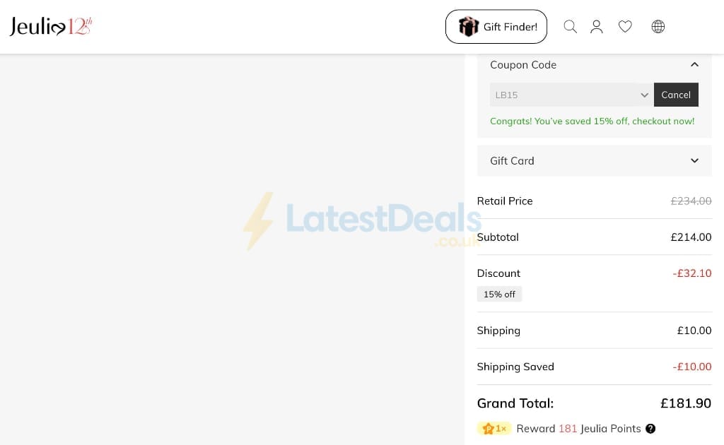 Screenshot of the Jeulia discount code working